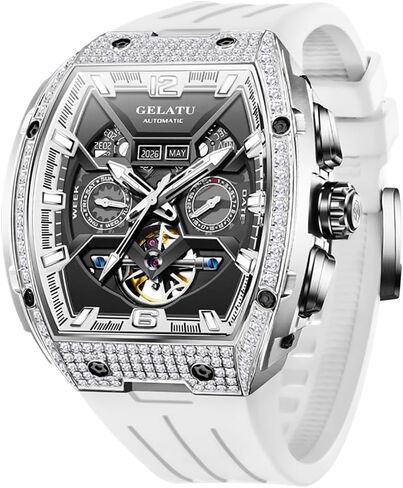 OLEVS GELATU Men Watch Automatic Tonneau Watch Skeleton Mechanical 50M Waterproof Sapphire Crystal Square Face Multi Calendar Function in Saudi Arabia
