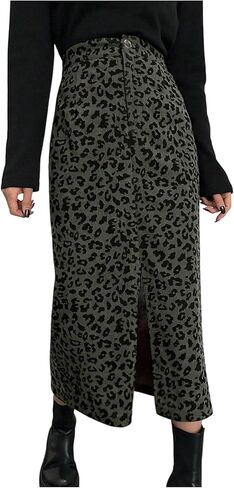 Floerns Women's Leopard Print Corduroy Skirts High Waisted Split Front Cheetah Pencil Midi Skirt in Saudi Arabia