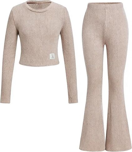 Girls 2 Piece Ribbed Outfits, Spring Trend Long Sleeve Crop Top & Flare Pants Sets for 8-12 Years in Saudi Arabia