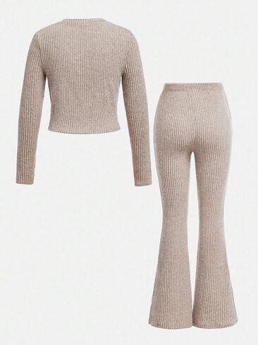Girls 2 Piece Ribbed Outfits, Spring Trend Long Sleeve Crop Top & Flare Pants Sets for 8-12 Years in Saudi Arabia