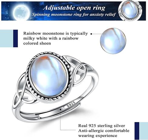 925 Sterling Silver For Women Silver Moonstone Rings Open Adjustable Rings CZ Rainbow Rings Vintage Celtic Triangle Ring Handmade Oval Round Heart Ring Jewellery in Saudi Arabia