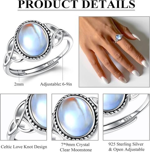925 Sterling Silver For Women Silver Moonstone Rings Open Adjustable Rings CZ Rainbow Rings Vintage Celtic Triangle Ring Handmade Oval Round Heart Ring Jewellery in Saudi Arabia