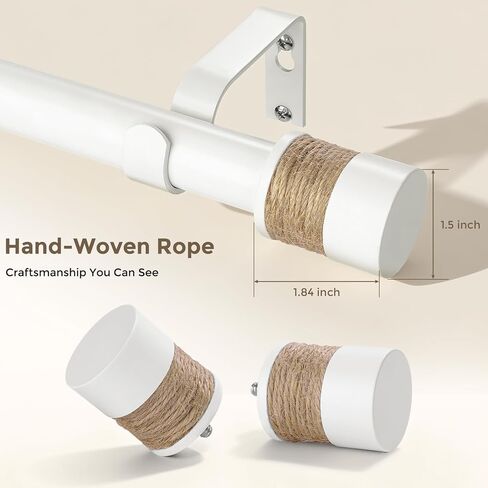 Curtain Rods for Windows 48 to 84 Inch, White Boho Decorative Handmade Twine Wrapped End Cap Finials, 1" Adjustable Vintage Rustic Farmhouse Window Treatment Rods, Easy Install in Kuwait