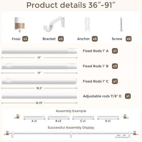 Curtain Rods for Windows 48 to 84 Inch, White Boho Decorative Handmade Twine Wrapped End Cap Finials, 1" Adjustable Vintage Rustic Farmhouse Window Treatment Rods, Easy Install in Kuwait