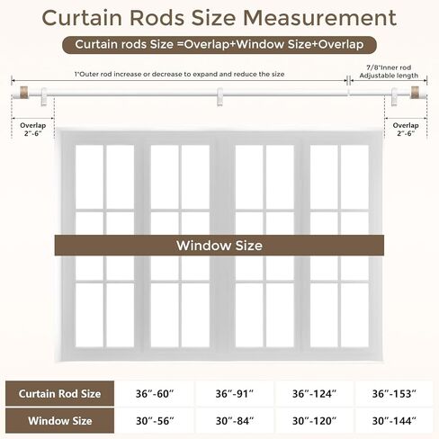Curtain Rods for Windows 48 to 84 Inch, White Boho Decorative Handmade Twine Wrapped End Cap Finials, 1" Adjustable Vintage Rustic Farmhouse Window Treatment Rods, Easy Install in Kuwait