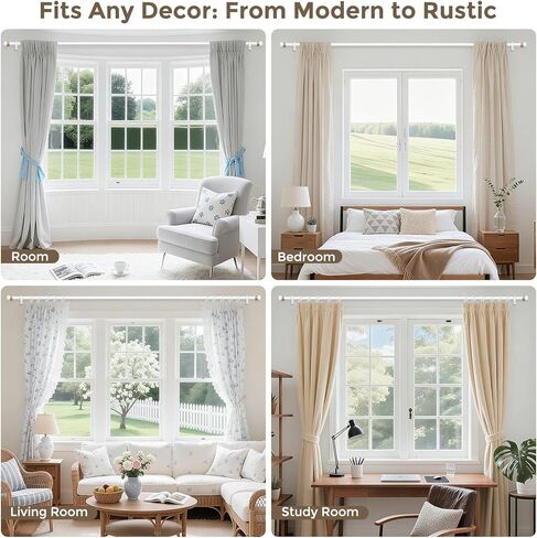 Curtain Rods for Windows 48 to 84 Inch, White Boho Decorative Handmade Twine Wrapped End Cap Finials, 1" Adjustable Vintage Rustic Farmhouse Window Treatment Rods, Easy Install in Kuwait