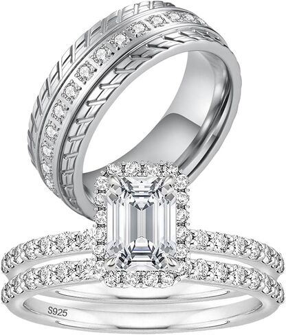 خواتم الزوجين مطلية بالذهب الأبيض 925 خاتم فضة استرليني 1CT AAAAA تشيكوسلوفاكيا النساء خاتم الزواج مجموعات الرجال الزفاف الفرقة in Kuwait