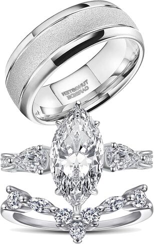 Couple Rings White Gold Plated 925 Sterling Silver Ring 1CT Marquise AAAAA CZ Women Wedding Ring Sets Men Wedding Band in Kuwait