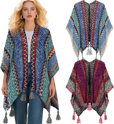 2 Pcs Women's Knit Vintage Ethnic Tassel Stripe Poncho Knitted Shawl Wrap Open Front Poncho Cardigan Kimono with Fringe for Fall Winter Casual Loose Fringe Blanket Scarf Coat Wedding Gift in Saudi Arabia