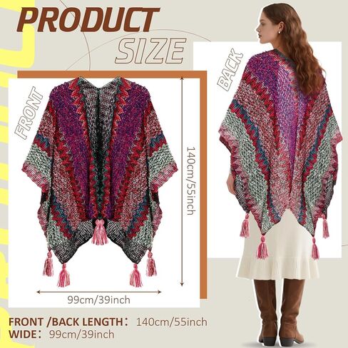 2 Pcs Women's Knit Vintage Ethnic Tassel Stripe Poncho Knitted Shawl Wrap Open Front Poncho Cardigan Kimono with Fringe for Fall Winter Casual Loose Fringe Blanket Scarf Coat Wedding Gift in Saudi Arabia