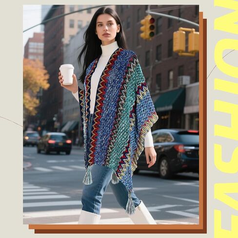 2 Pcs Women's Knit Vintage Ethnic Tassel Stripe Poncho Knitted Shawl Wrap Open Front Poncho Cardigan Kimono with Fringe for Fall Winter Casual Loose Fringe Blanket Scarf Coat Wedding Gift in Saudi Arabia