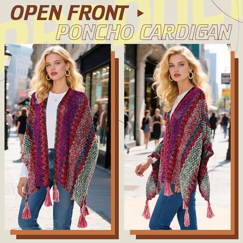 2 Pcs Women's Knit Vintage Ethnic Tassel Stripe Poncho Knitted Shawl Wrap Open Front Poncho Cardigan Kimono with Fringe for Fall Winter Casual Loose Fringe Blanket Scarf Coat Wedding Gift in Saudi Arabia