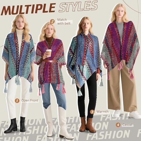 2 Pcs Women's Knit Vintage Ethnic Tassel Stripe Poncho Knitted Shawl Wrap Open Front Poncho Cardigan Kimono with Fringe for Fall Winter Casual Loose Fringe Blanket Scarf Coat Wedding Gift in Saudi Arabia