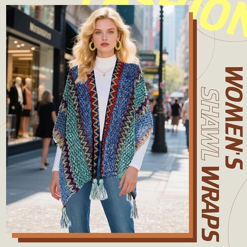 2 Pcs Women's Knit Vintage Ethnic Tassel Stripe Poncho Knitted Shawl Wrap Open Front Poncho Cardigan Kimono with Fringe for Fall Winter Casual Loose Fringe Blanket Scarf Coat Wedding Gift in Saudi Arabia