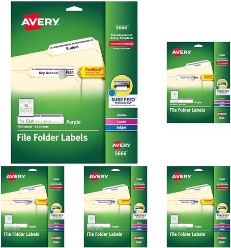 ملصقات مجلد ملفات Avery TrueBlock، 2/3 بوصة × 3-7/16 بوصة، 750 ملصق قابل للطباعة، أبيض/أرجواني، دائم (5666) in Kuwait