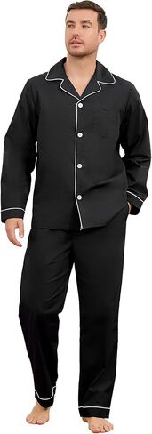 Vulcanodon Mens 100% Cotton Pajamas Set, Soft Long Sleeve Pajamas for men Lightweight Button Up Sleepwear Loungewear Pjs Set in Saudi Arabia