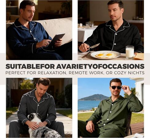 Vulcanodon Mens 100% Cotton Pajamas Set, Soft Long Sleeve Pajamas for men Lightweight Button Up Sleepwear Loungewear Pjs Set in Saudi Arabia