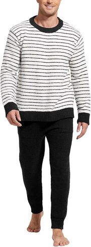 Wyeysyt Mens Pajamas Set Fleece Soft Pajamas Striped Warm Fuzzy Sleepwear Long Sleeve Loungewear with Pockets in Saudi Arabia