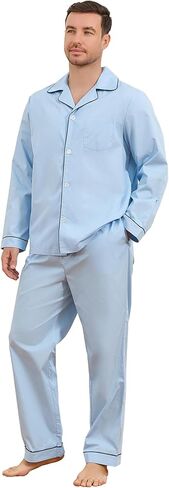Vulcanodon Mens 100% Cotton Pajamas Set, Soft Long Sleeve Pajamas for men Lightweight Button Up Sleepwear Loungewear Pjs Set in Saudi Arabia