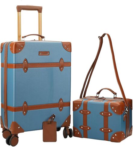 Vintage-Inspired Blue 2-Pack Hardside Trunk & Train Case With Brown Accents in Saudi Arabia