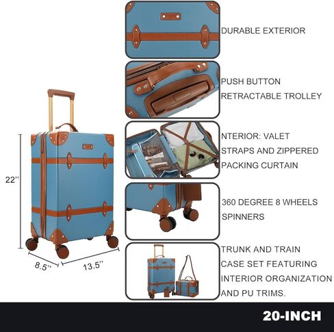 Vintage-Inspired Blue 2-Pack Hardside Trunk & Train Case With Brown Accents in Saudi Arabia