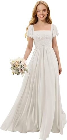 فساتين وصيفة الشرف للصغار من الشيفون للمراهقين، رقبة مربعة طويلة وأكمام قصيرة، فستان فتاة الزهور اللطيفة in Kuwait