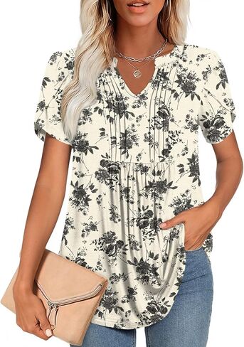 Womens 2025 Summer/Spring Tunic Tops V Neck Dressy Casual Blouse for Work Fashion Pleated Short Sleeve T-Shirts in Saudi Arabia