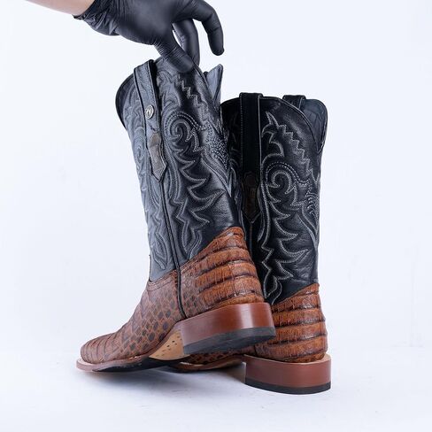 أحذية Tanner Mark للرجال من Caiman Belly Cognac أحذية غربية، مقدمة مربعة واسعة، كعب للمشي، جلد، نعل هجين، ارتفاع العمود 33 سم in Kuwait