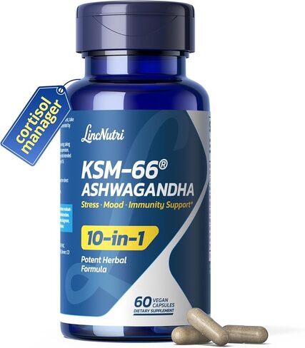 KSM-66 مكملات اشواغاندا | مستخلص جذور أشواغاندا للنساء والرجال | مجمع Adaptogen 10 في 1 لمدير الكورتيزول والإجهاد والطاقة ودعم المناعة | 60 كبسولة نباتية in Kuwait