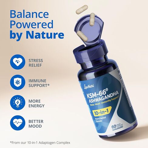 KSM-66 مكملات اشواغاندا | مستخلص جذور أشواغاندا للنساء والرجال | مجمع Adaptogen 10 في 1 لمدير الكورتيزول والإجهاد والطاقة ودعم المناعة | 60 كبسولة نباتية in Kuwait