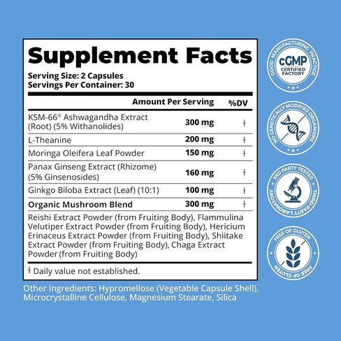 KSM-66 مكملات اشواغاندا | مستخلص جذور أشواغاندا للنساء والرجال | مجمع Adaptogen 10 في 1 لمدير الكورتيزول والإجهاد والطاقة ودعم المناعة | 60 كبسولة نباتية in Kuwait