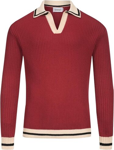 OXKNIT Knit Long Sleeve Polo Shirts for Men, 1960s Mod Style Retro Dark Red V-Neck Pullover Sweater with Beige Collar in Saudi Arabia