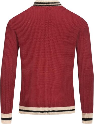 قمصان بولو متماسكة بأكمام طويلة من OXKNIT للرجال، سترة صوفية على طراز الستينيات من طراز Mod باللون الأحمر الداكن ورقبة على شكل حرف V مع ياقة بيج in Kuwait