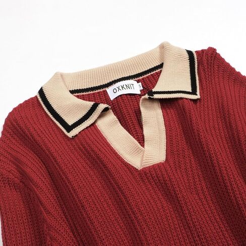 قمصان بولو متماسكة بأكمام طويلة من OXKNIT للرجال، سترة صوفية على طراز الستينيات من طراز Mod باللون الأحمر الداكن ورقبة على شكل حرف V مع ياقة بيج in Kuwait