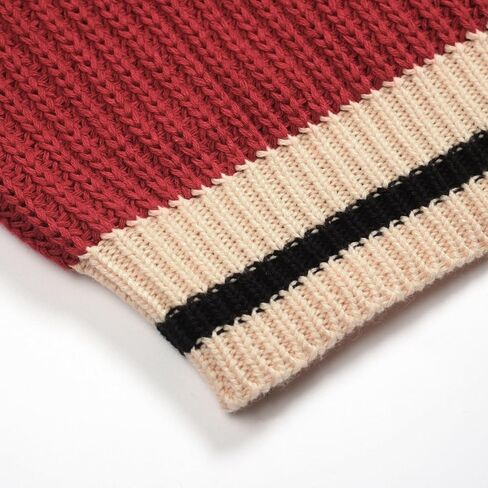 قمصان بولو متماسكة بأكمام طويلة من OXKNIT للرجال، سترة صوفية على طراز الستينيات من طراز Mod باللون الأحمر الداكن ورقبة على شكل حرف V مع ياقة بيج in Kuwait