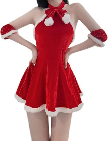 Women's Costume Mrs. Claus Santa Christmas Outfits Sexy Lady Cosplay Halter Backless Mini Dress in Saudi Arabia