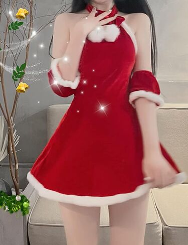 Women's Costume Mrs. Claus Santa Christmas Outfits Sexy Lady Cosplay Halter Backless Mini Dress in Saudi Arabia