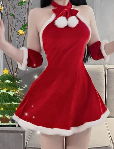 Women's Costume Mrs. Claus Santa Christmas Outfits Sexy Lady Cosplay Halter Backless Mini Dress in Saudi Arabia