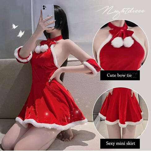 Women's Costume Mrs. Claus Santa Christmas Outfits Sexy Lady Cosplay Halter Backless Mini Dress in Saudi Arabia