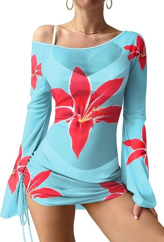 Women's Off Shoulder Drawstring Ruched Side Sheer Mesh Swimsuit Cover Up Long Bell Sleeve Floral Beach Dress in Saudi Arabia