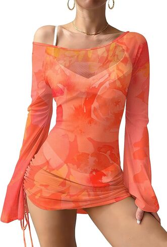 Women's Off Shoulder Drawstring Ruched Side Sheer Mesh Swimsuit Cover Up Long Bell Sleeve Floral Beach Dress in Saudi Arabia