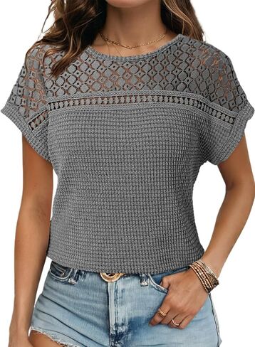 Dokotoo Women's Tops Casual Scoop Neck Short Sleeve Waffle Knit Hollow Out Shirts Loose Tunic Tops Blouses in Saudi Arabia