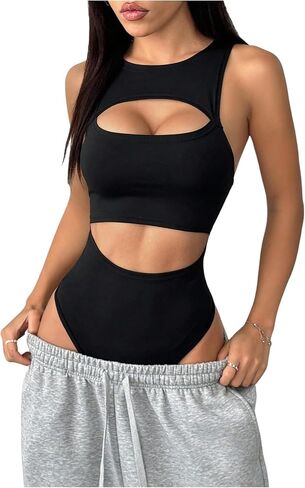 Milumia Women Sexy Cut Out Tank Top Bodysuit Round Neck Sleeveless Party Club Leotards in Saudi Arabia