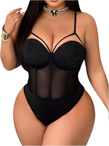 WDIRARA Women's Plus Size Mesh Sheer Bustier Cami Bodysuit Sleeveless Corset Bodysuit in Saudi Arabia