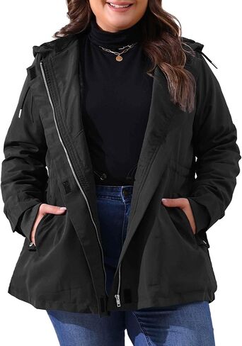 Agnes Orinda Plus Size Rain Jacket for Women Lightweight Waterproof Fleece Lined Jacket Hooded Windbreaker Coat in Saudi Arabia