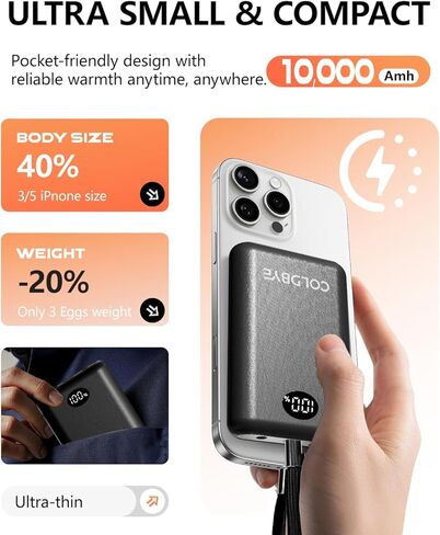 ColdBye Mini 𝟏𝟎𝟎𝟎𝟎𝐦𝐀𝐡 5V 2A/3A 7.4V/3A Heated Vest Battery Pack Compatible with Major Heated Clothing Brands, Ultra-Light Portable, USB, Type-C and DC Ports in Saudi Arabia