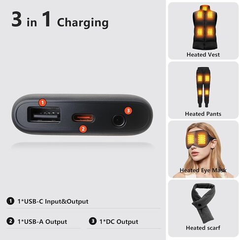 ColdBye Mini 𝟏𝟎𝟎𝟎𝟎𝐦𝐀𝐡 5V 2A/3A 7.4V/3A Heated Vest Battery Pack Compatible with Major Heated Clothing Brands, Ultra-Light Portable, USB, Type-C and DC Ports in Saudi Arabia