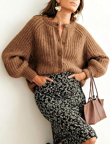Watashi Women's Casual Long Sleeve Cardigan Round Neck Solid Color Sweater in Saudi Arabia
