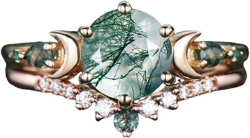 10K 14K 18K Rose Gold 2CT Round Natural Moss Agate Engagement Ring Set for Women 925 Sterling Silver 8mm Genuine Green Moss Agate Leaf Art Deco Bridal Wedding Ring Set (Size 4-15)-7 in Saudi Arabia