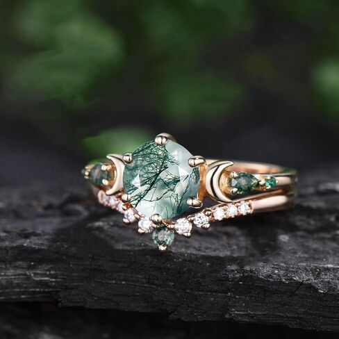 10K 14K 18K Rose Gold 2CT Round Natural Moss Agate Engagement Ring Set for Women 925 Sterling Silver 8mm Genuine Green Moss Agate Leaf Art Deco Bridal Wedding Ring Set (Size 4-15)-7 in Saudi Arabia